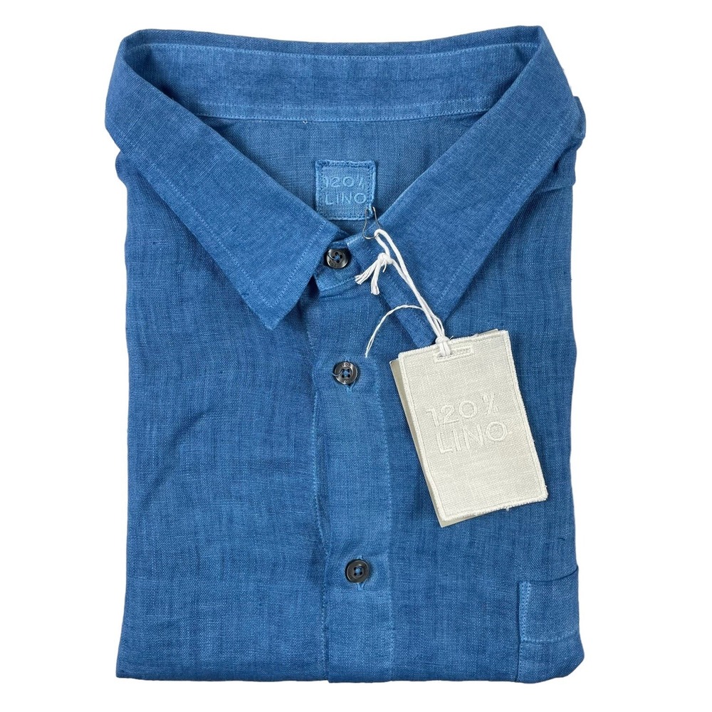 120% Lino Vibrant Blue Pure Linen S/S Mens Button Front Size 4XL/56 NWT